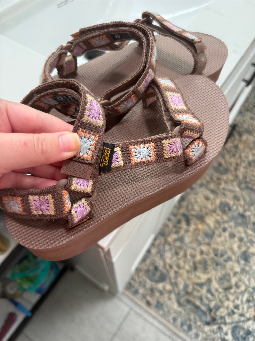 Teva Brown Sandals with Pink, White & Light Blue Crochet Accents - Picture 2 of 6